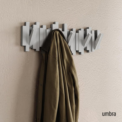 Umbra Sticks Wall-Mounted Coat Rack Rail Hook with 5 Retractable Pegs – Modern, Space-Saving Storage Organizer, Black