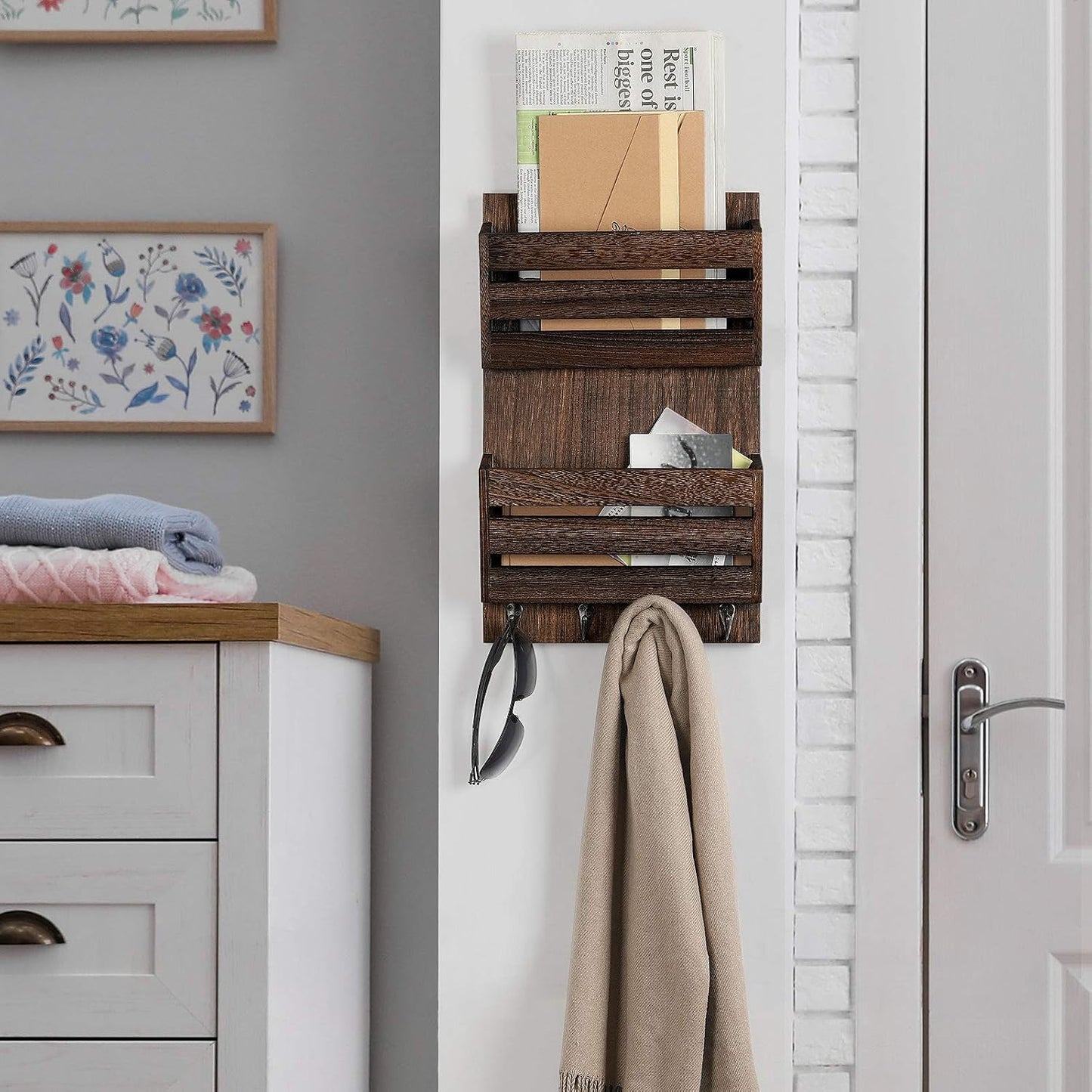BTY Mail Sorter Wall Mounted, Wooden Mail Holder with 4 Key Hooks, 2 Slot Letter Bills Newspaper Magazine Organizer for Entryroom Hallway Office Garage, Gray White