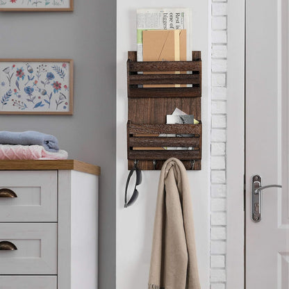 BTY Mail Sorter Wall Mounted, Wooden Mail Holder with 4 Key Hooks, 2 Slot Letter Bills Newspaper Magazine Organizer for Entryroom Hallway Office Garage, Gray White