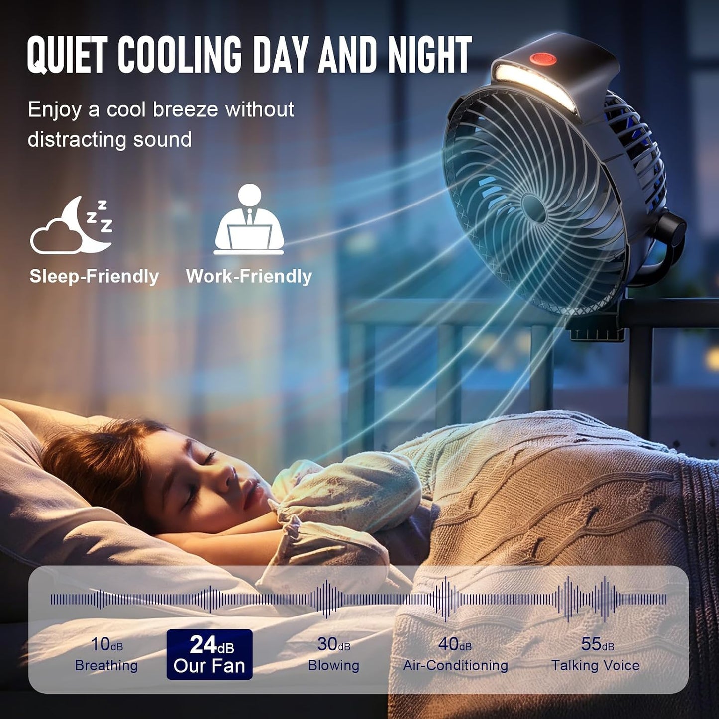 8-Inch Rechargeable Clip on Fan, 10000mAh Portable Camping Fan with LED Light, 9-Speed Ultra Quiet Airflow, 30H Runtime, 360° Rotating Desk Fan for Golf Cart, Bedroom, Office, Dorm, Black