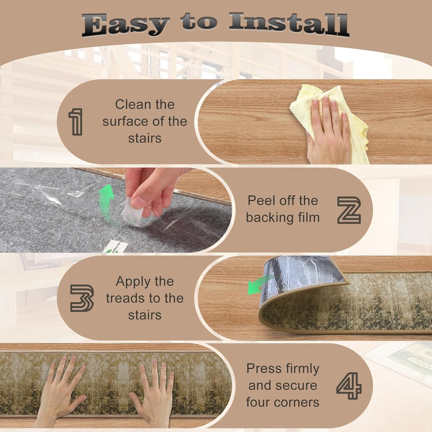 Non Slip Stair Treads for Wooden Steps, 15 Pack 8"x30" Washable Carpet | 8x30 in soft chenille polyester stair treads with reusable TPE backing for indoor wood stairs, dogs, kids, and seniors