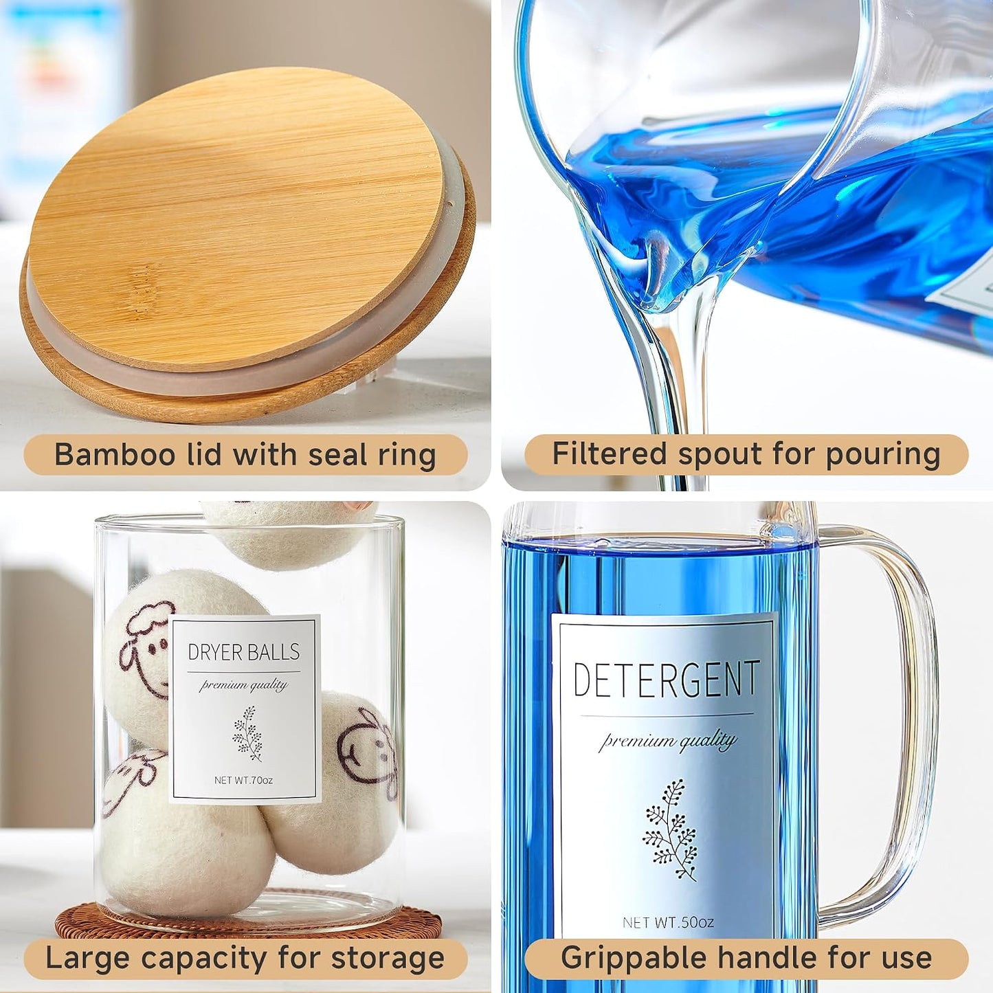 Laundry Detergent Dispenser Set with Labels and Handle for Laundry Room Organization and Storage- Easy Pour 2 Pack 50 oz Liquid Laundry Containers for Laundry Room Decor, Farmhouse Decor