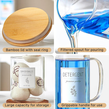 Laundry Detergent Dispenser Set with Labels and Handle for Laundry Room Organization and Storage- Easy Pour 2 Pack 50 oz Liquid Laundry Containers for Laundry Room Decor, Farmhouse Decor