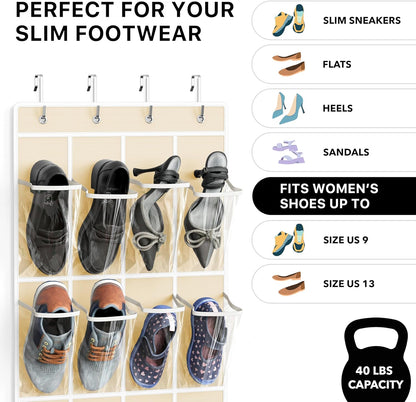 Simple Houseware 24 Pockets - Crystal Clear Over The Door Hanging Shoe Organizer, Gray (64'' x 19'')