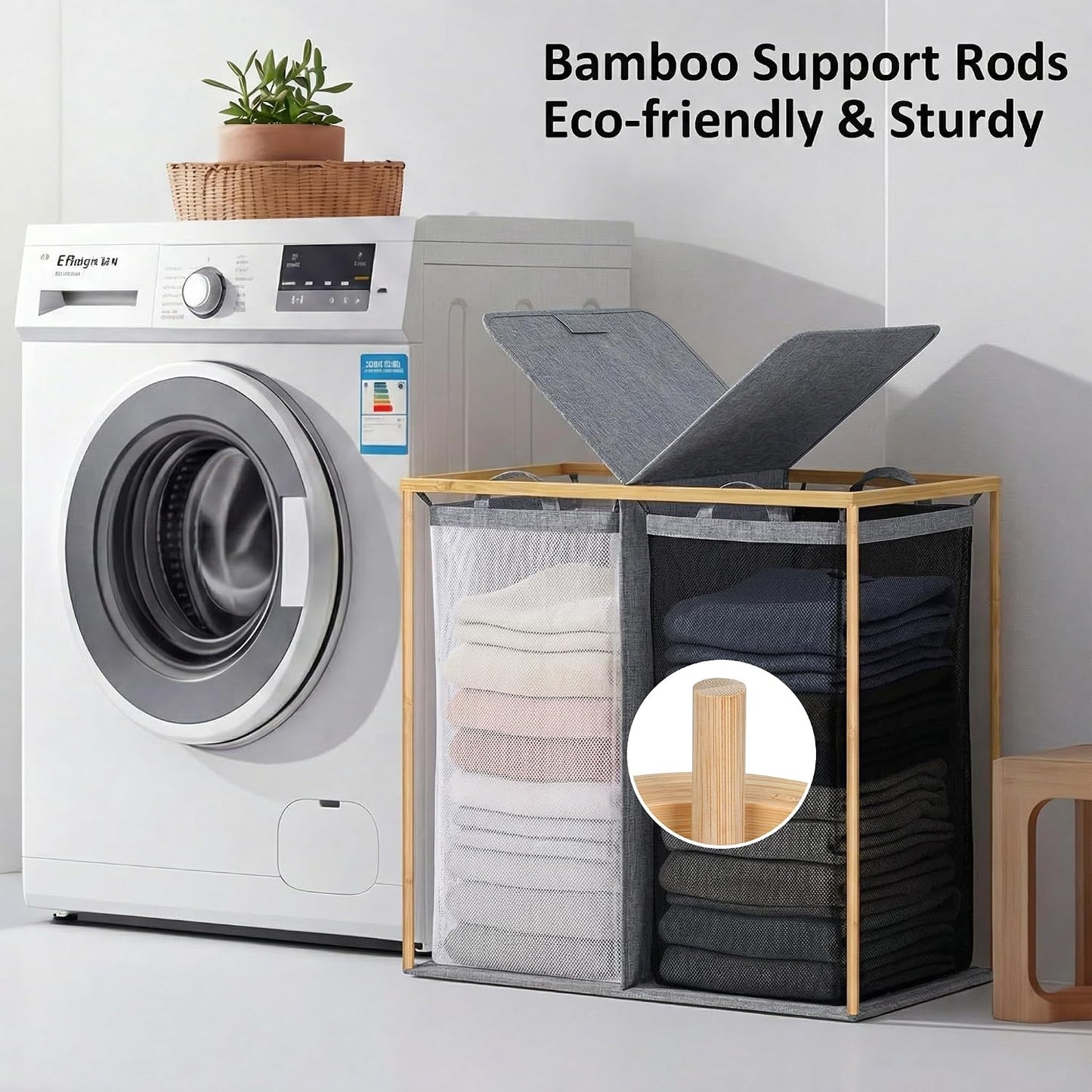 efluky Laundry Hamper with Lid, Trio Laundry Basket with 2 Removable Bags, 3 Section Laundry Bin with Bamboo Handles for Bathroom, Bedroom & Laundry Room, 160L (42.3 Gallon) Beige