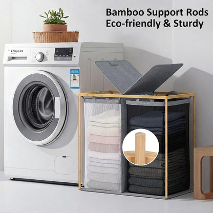 efluky Laundry Hamper with Lid, Trio Laundry Basket with 2 Removable Bags, 3 Section Laundry Bin with Bamboo Handles for Bathroom, Bedroom & Laundry Room, 160L (42.3 Gallon) Beige