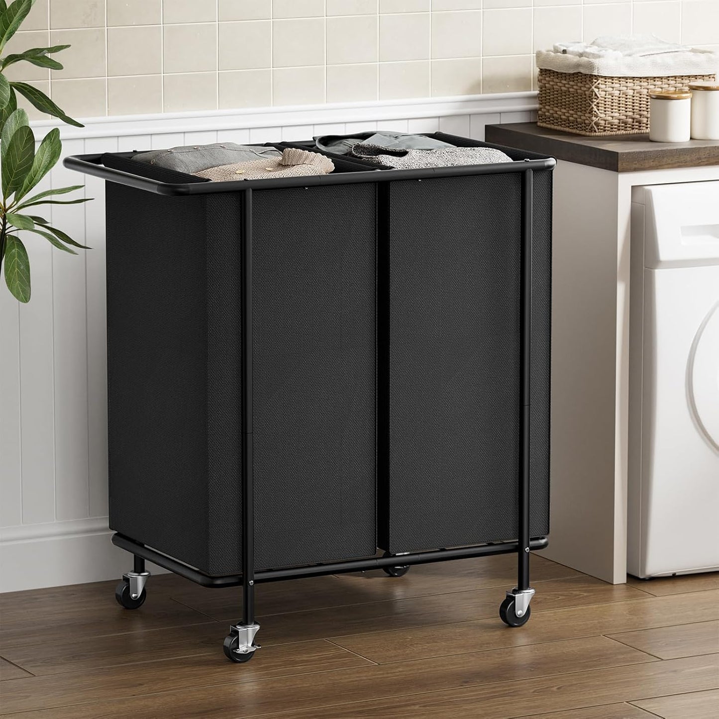 Double Laundry Hamper with Wheels,200L Rolling Laundry Basket 2 Section with Lid,Steel Frame Laundry Cart with Handle and Removable Bags,Dirty Clothes Hamper for Laundry Room,Dorm,Black