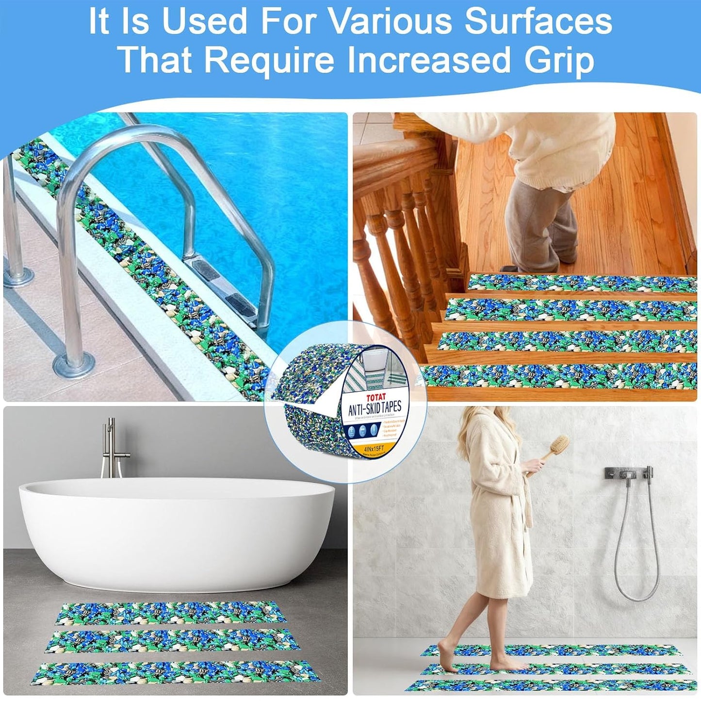 Waterproof Tape for Pools, 4" x15FT Heavy Duty Anti Slip Stair Treads Outdoor Tape Non-Slip Rubber Grip Tape Shower Strips Slip Resistant Tape Traction Tape for Stairs Showers Bathroom Trails