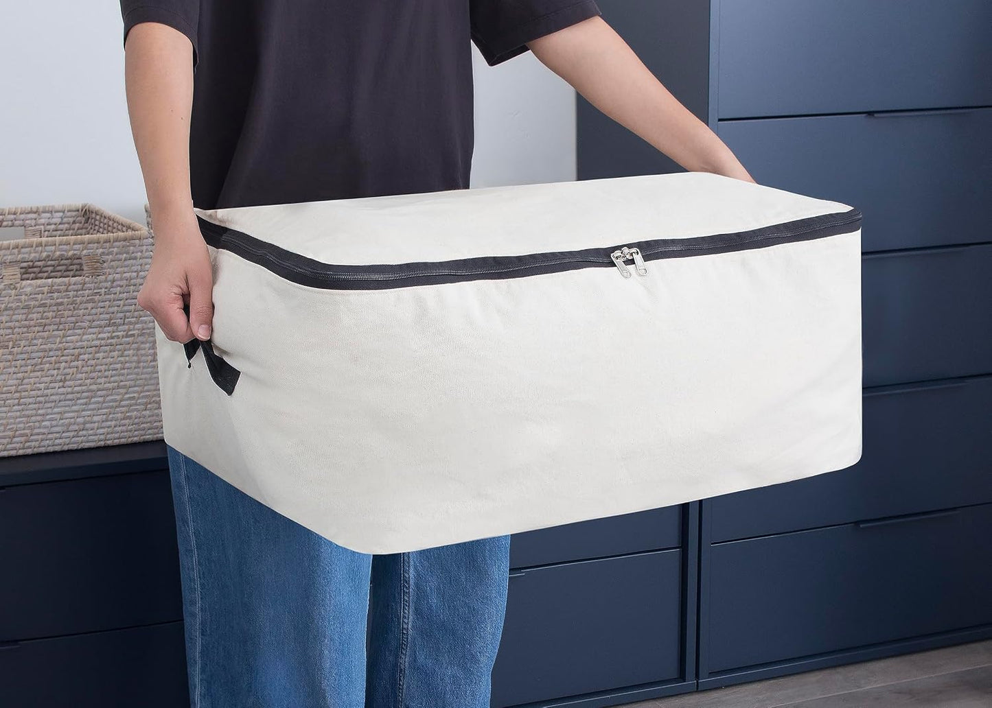 Canvas Storage Bags for Comforters and Blankets - X-Large Zippered Storage Bags for Blankets, Comforters, and Clothes - Easy Storage Under Bed, 100% Cotton, Breathable with Carrying Straps (2 Bags)