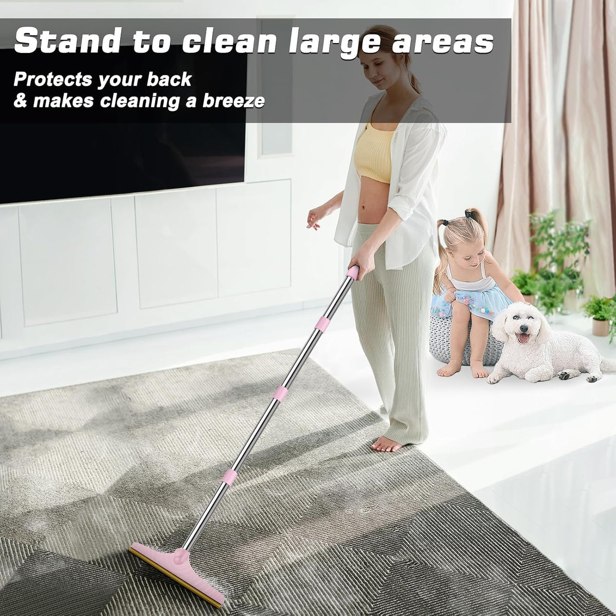 B-Land Carpet Rake for Pet Hair Removal, Reusable Pet Hair Remover with 60” Adjustable Long Handle, Carpet Scraper Broom Dog Cat Hair Remover Tool Fur Sweeper for Rugs, Mats
