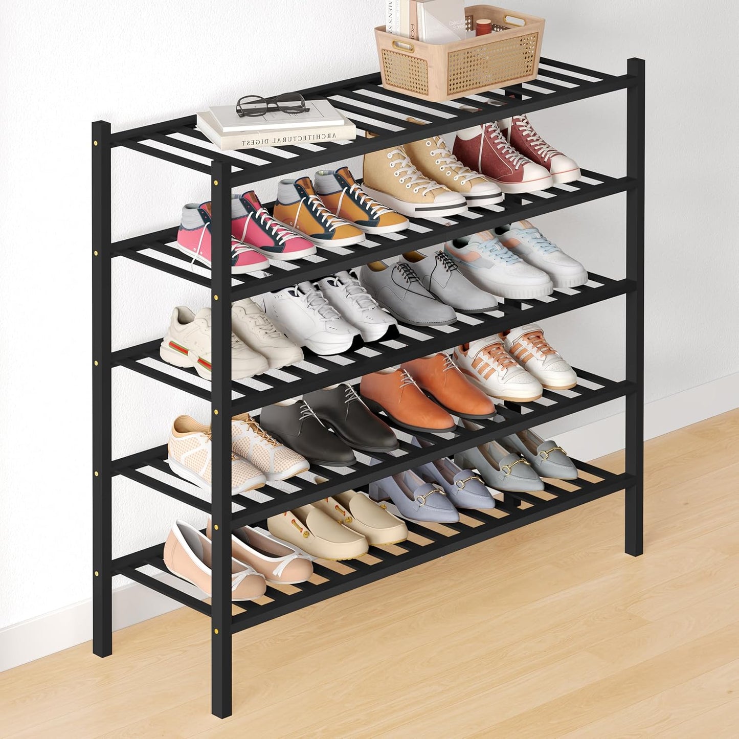 Smiry Bamboo Shoe Rack for Closet, 3 Tier Wooden Shoe Organizer, Stackable Wood Shoe Storage Shelf for Entryway, 14 Vertical Slats, One-piece Heavy-Duty Legs, 26.77"x11.02"x18.31", Natural