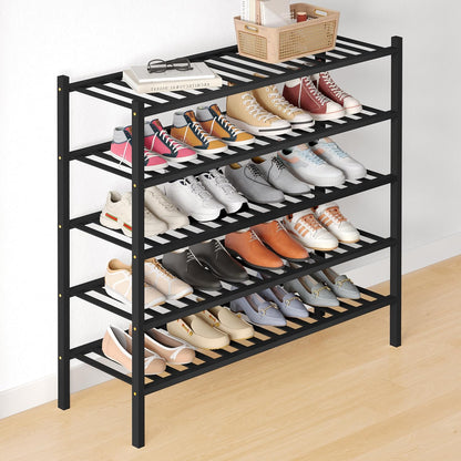 Smiry Bamboo Shoe Rack for Closet, 3 Tier Wooden Shoe Organizer, Stackable Wood Shoe Storage Shelf for Entryway, 14 Vertical Slats, One-piece Heavy-Duty Legs, 26.77"x11.02"x18.31", Natural