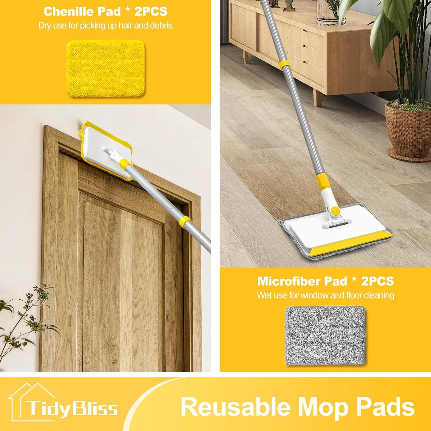 TidyBliss Baseboard Cleaner Tool with Handle, 55.9” Long Wall and Base Board Cleaning Mop, 4 Reusable Pads, 1 Stiff Bristle Scrubber Brush for Floorboard Ceiling Cabinet Window Bathroom (Yellow)