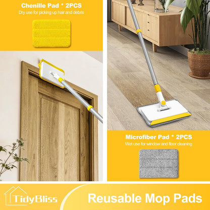 TidyBliss Baseboard Cleaner Tool with Handle, 55.9” Long Wall and Base Board Cleaning Mop, 4 Reusable Pads, 1 Stiff Bristle Scrubber Brush for Floorboard Ceiling Cabinet Window Bathroom (Yellow)