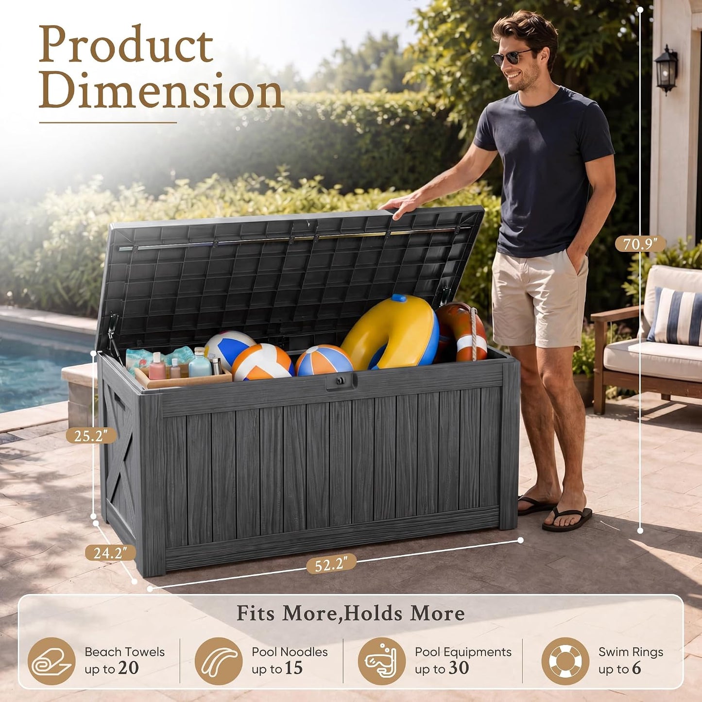 Devoko 120 Gallon Deck Box Resin Outdoor Storage Box Waterproof for Patio, Large Outdoor Storage Bench Lockable for Outside (Black)