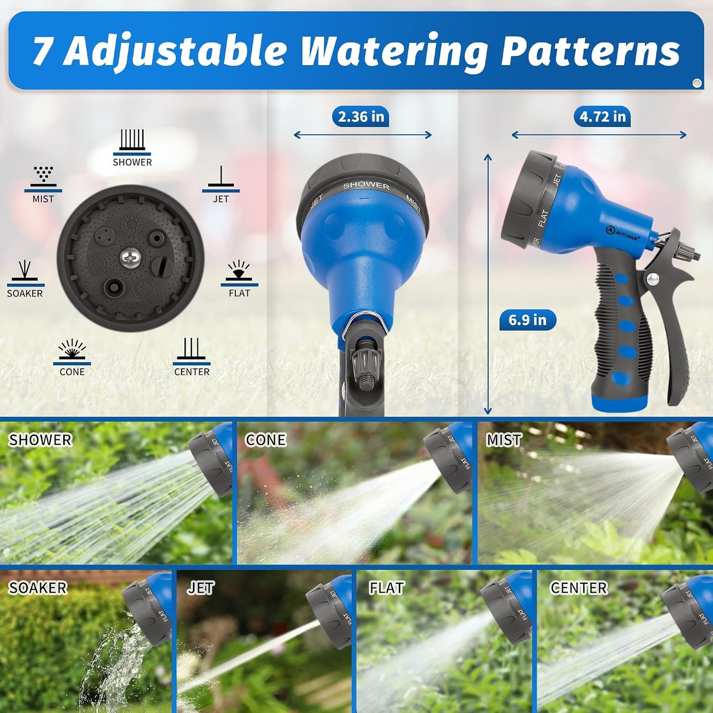 AUTOMAN Garden Hose Nozzle - 2 Pack, 100% Metal High Pressure Spray Nozzle, Labor-Saving Design, Heavy Duty for Garden Watering, Car Washing, Window Cleaning, Pets Bathing