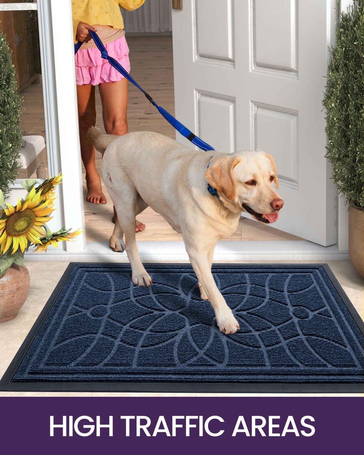 DEXI Front Door Mat Outside Entrance, Heavy Duty Non Slip Low Profile Doormat for Entryway, Trap Dirt and Moisture Welcome Mats, Easy Clean, Patio, Garage, 3x2, Blue