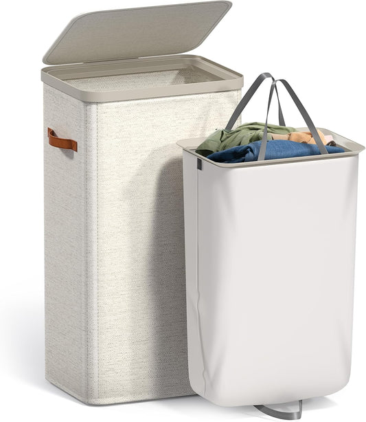 Sorbus Laundry Hamper with Lid - Collapsible 3-Compartment Fabric Laundry Basket with Handles and Removable Laundry Bag – 50 Gallon (190 L) Dirty Clothes Hamper for Bedroom, bathroom and dorm (Beige)