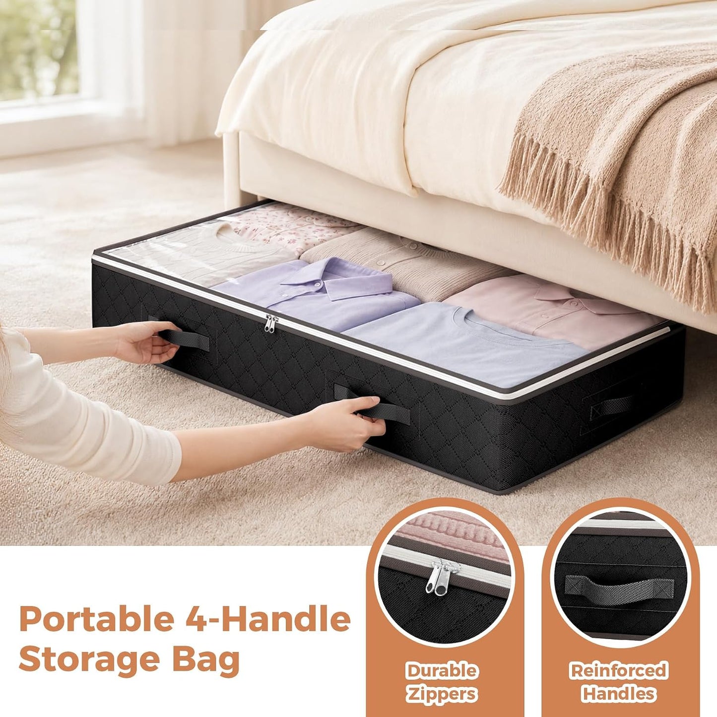 Budding Joy 90L Under Bed Storage Containers, 4 Pack Closet Organizers Grey | Foldable underbed storage bins for linen sheets, blanket, clothing, comforter, sweaters, pillows, wrapping paper