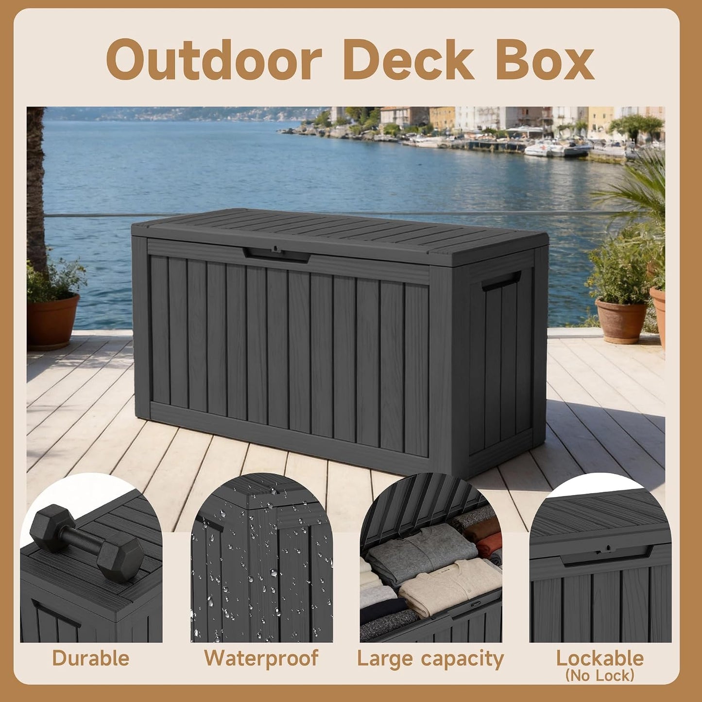 DRATO 180 Gallon Outdoor Storage Box, Large Waterproof Deck Box, Lockable Resin Storage Container with Reinforced Support for Patio Cushions, Garden Tools, UV-Resistant Outdoor Chest（Black，180 Gallon）
