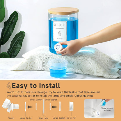 Glass Laundry Detergent Dispenser with Shelf & Bamboo Lid - 120 Oz Liquid Detergent, Laundry Soap & Fabric Softener Dispenser for Laundry Room Organization and Storage with 2 Cups & 8 Labels