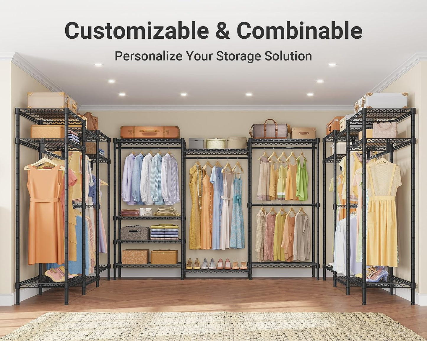 VIPEK V5 Heavy Duty Clothes Rack, Portable Closet Wardrobe with 4 Hanging Rods & 8 Shelves, Freestanding Adjustable Garment Rack for Bedroom, Walk-in Closet, 890 lbs Capacity, Black, 68.9" L