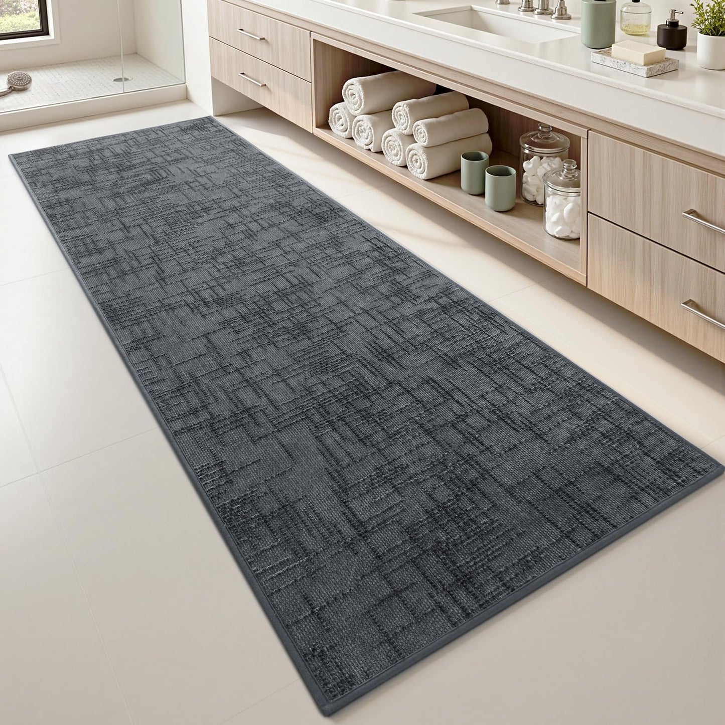 AMOAMI Bath Mat Non Slip Super Absorbent Quick Dry Bath Mats for Bathroom Floor Rubber Backing Washable Bathroom Rugs Modern Woven Jacquard Mat, Beside Tub Bath Rugs, 17" x 24", LightGrey