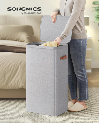 SONGMICS Laundry Basket, 50.2 Gal. Laundry Hamper, 3 Compartments, Easy Assembly, with Lid and Handles, Removable Liners, 25.2 x 15.7 x 29.5 Inches, Cappuccino Beige ULCB814LH01