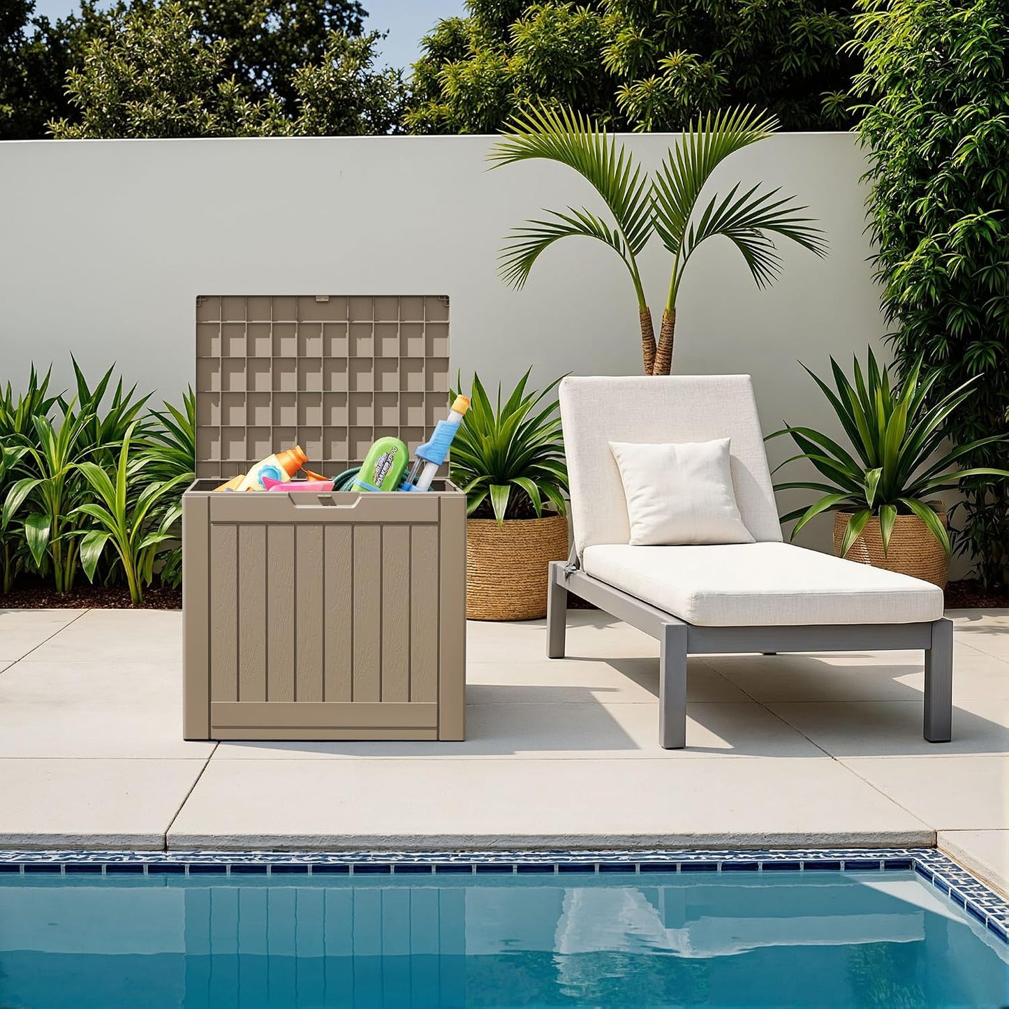 Flamaker Resin Deck Box 120 Gallon Waterproof Large Outdoor Indoor Storage Box Imitation Wood Resin for Patio Furniture Garden Tools and Pool (Black)