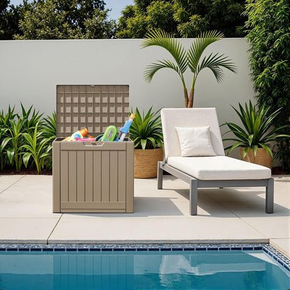 Flamaker Resin Deck Box 120 Gallon Waterproof Large Outdoor Indoor Storage Box Imitation Wood Resin for Patio Furniture Garden Tools and Pool (Black)