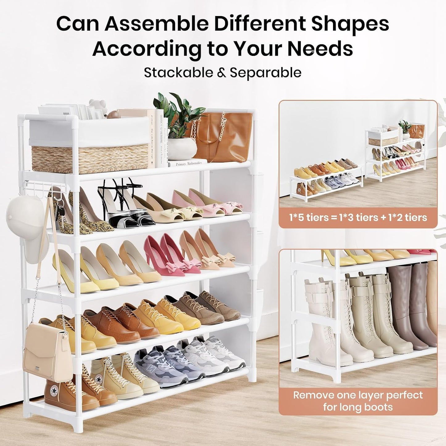 VILICK 5 Tier Shoe Rack with Hook and Side Pocket,Shoe Organizer Space Saver Storage for 20-25 Pair Shoe Storage Shelf Sturdy Free Standing Long Shoe Rack Organizer for Closet,Entryway,Small Spaces