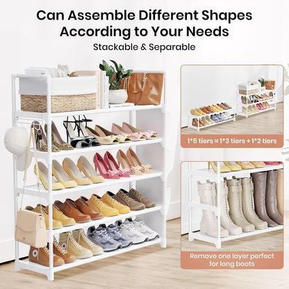 VILICK 5 Tier Shoe Rack with Hook and Side Pocket,Shoe Organizer Space Saver Storage for 20-25 Pair Shoe Storage Shelf Sturdy Free Standing Long Shoe Rack Organizer for Closet,Entryway,Small Spaces