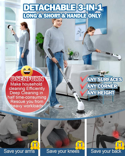 Electric Spin Scrubber, IPX7 Cordless Power Cleaning Brush, Dual Speed Electric Shower Scrubber with 8 Brush Heads, USB-C Charging and Retractable Handle for Tile & Bathtub