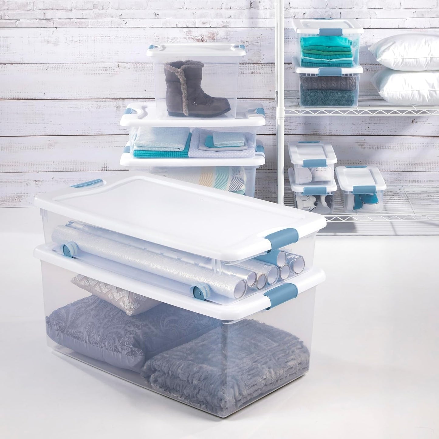 Sterilite 4-Pack 56 Quart Wheeled Latching Box, Underbed Clear Plastic Storage Organizer - Under Bed Rolling Container Bin with Lid and Wheels for Home or Dorm Bedrooms and Closets