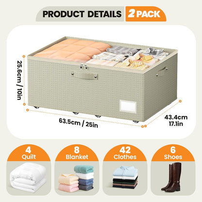 Dayacoco Under Bed Storage With Wheels,10in Underbed Storage Containers 65L | Large Capacity Underbed Storage, No Assembly Required Rolling Under Bed Storage for Clothes Blankets Shoes Beige