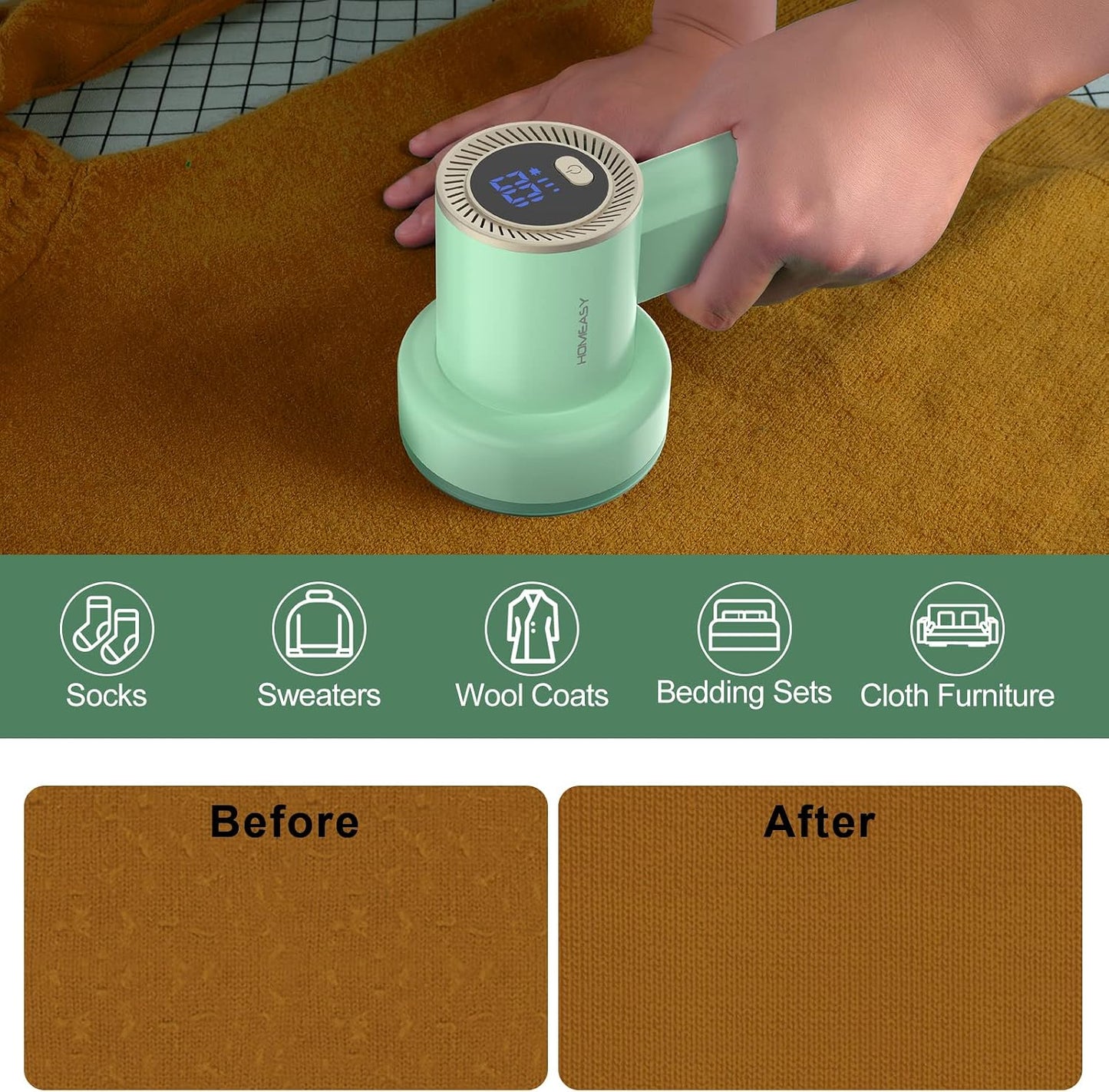 Fabric Shaver Fuzz Remover Rechargeable, HOMEASY Electric Lint Remover Shaver with 3 Blades & LED Digital Display, Sweater Couch Fabric Pill Shaver for Sweater, Couch, Furniture (White)
