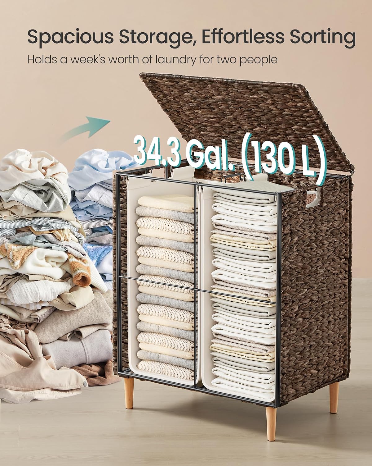 SONGMICS Laundry Hamper 3 Sections, 47.5 Gal. (180 L) Handwoven Water Hyacinth Wicker Laundry Basket with Lid, Natural Material, Removable Machine Washable Liners, Handles, Natural ULCB203Y01