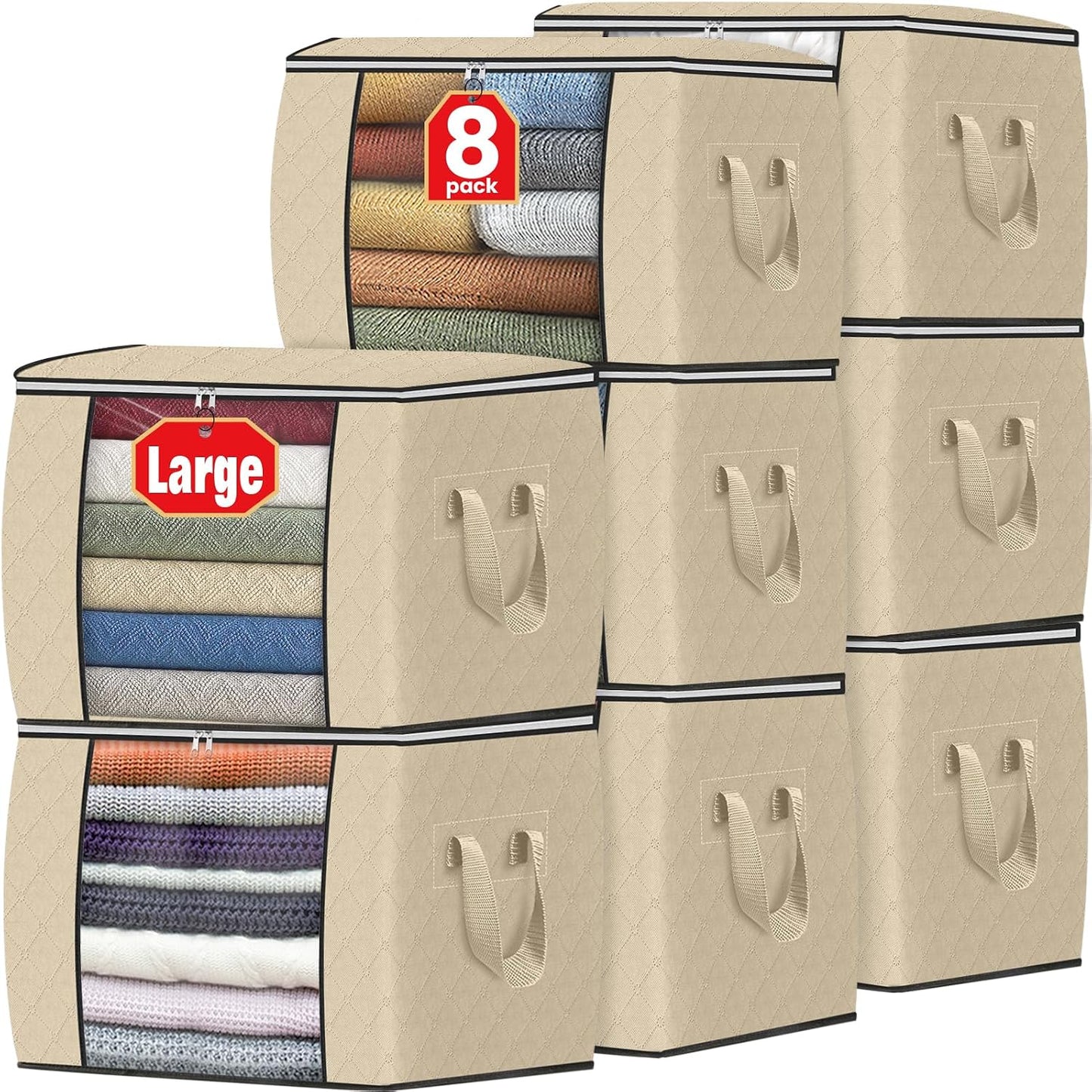 Fab totes 6 Pack Storage Bags for Clothes and Blanket, Foldable Closet Organizers and Storage with Zippers, Clear Window and Handles, Fabric Storage Bins for Sweater, Comforter, Bedding,Linen Sheets