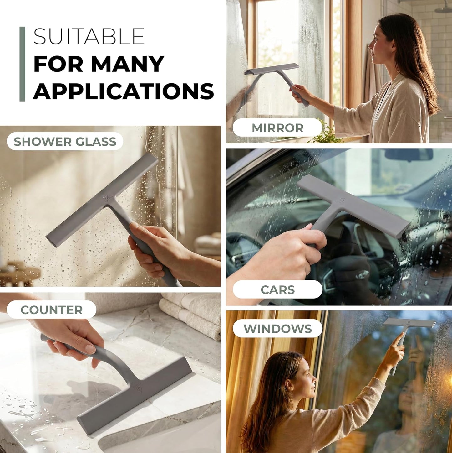 GÜTEWERK Silicone Shower Squeegee for Glass Doors & Mirrors with Stainless Steel Core, Streak-Free & No-Squeak Window Cleaning, 3-in-1 No-Drill Mount (Hook/Suction/Adhesive),White, 9 Inches