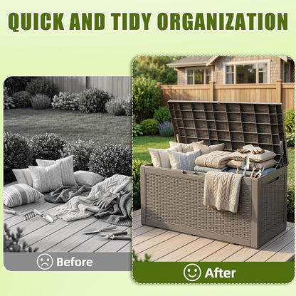 ROJIK 120 Gallon Waterproof Outdoor Deck Storage Box, Lockable Resin Patio Storage Bin with Lid for Garden Tools, Patio Cushions & Outdoor Accessories(Black)