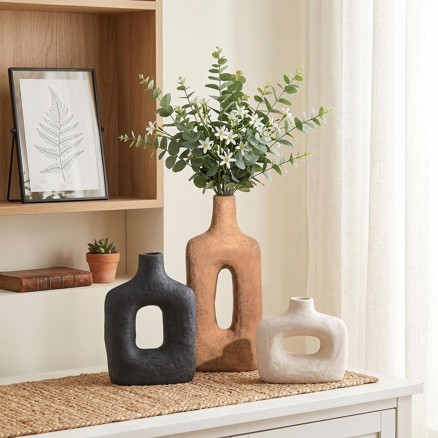 DREAMLOOM Ceramic Vase Set of 3, Modern Rustic Flower Vases for Pampas Grass, Dried & Fresh Flowers, Farmhouse Home Decor Vase for Living Room Bedroom Kitchen Shelf Centerpiece, Classic