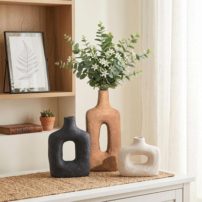 DREAMLOOM Ceramic Vase Set of 3, Modern Rustic Flower Vases for Pampas Grass, Dried & Fresh Flowers, Farmhouse Home Decor Vase for Living Room Bedroom Kitchen Shelf Centerpiece, Classic