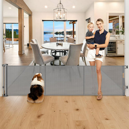 Reinforced 28-Inch Tall Retractable Baby Gates for Doorways, Walk Through Pet Gate for Stairs, Short Baby Gate with Support Rods, 55 Inch Wide Mesh Gate Retractable Gate Small Dog Gate, Gray