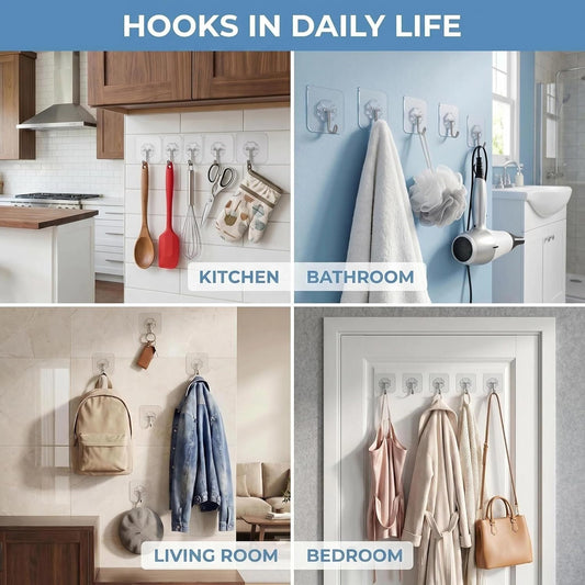 Wall Hooks - 33 lbs Max, Transparent, Seamless, Waterproof & Oilproof, Heavy Duty Adhesive Coat & Towel Hooks (10 Pack)