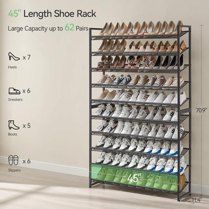 Nunsino Shoe Rack, Long Shoe Organizer,Max Holds 62 Pairs,10 Tier Metal Shoe Storage Shelf,5-Tier Stackable Shoes Organizer for Garage, Entryway,Black