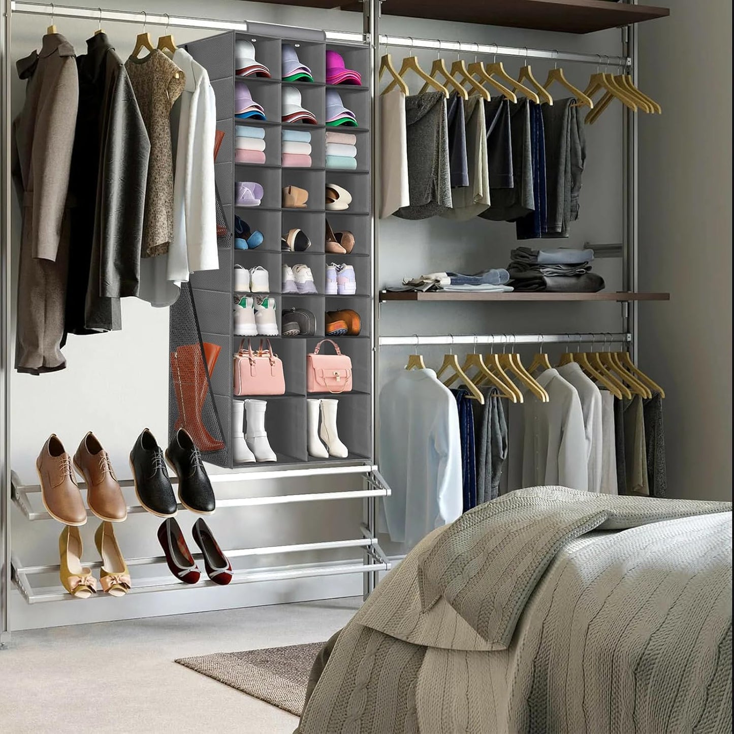 Hanging Shoe Organizer for Closet with 8 Shelves,Mesh Pockets-Wider Hanging Shelves for Shoes,Clothes,Hats with Sturdy Bamboo-Supported Design (Beige)