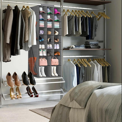 Hanging Shoe Organizer for Closet with 8 Shelves,Mesh Pockets-Wider Hanging Shelves for Shoes,Clothes,Hats with Sturdy Bamboo-Supported Design (Beige)