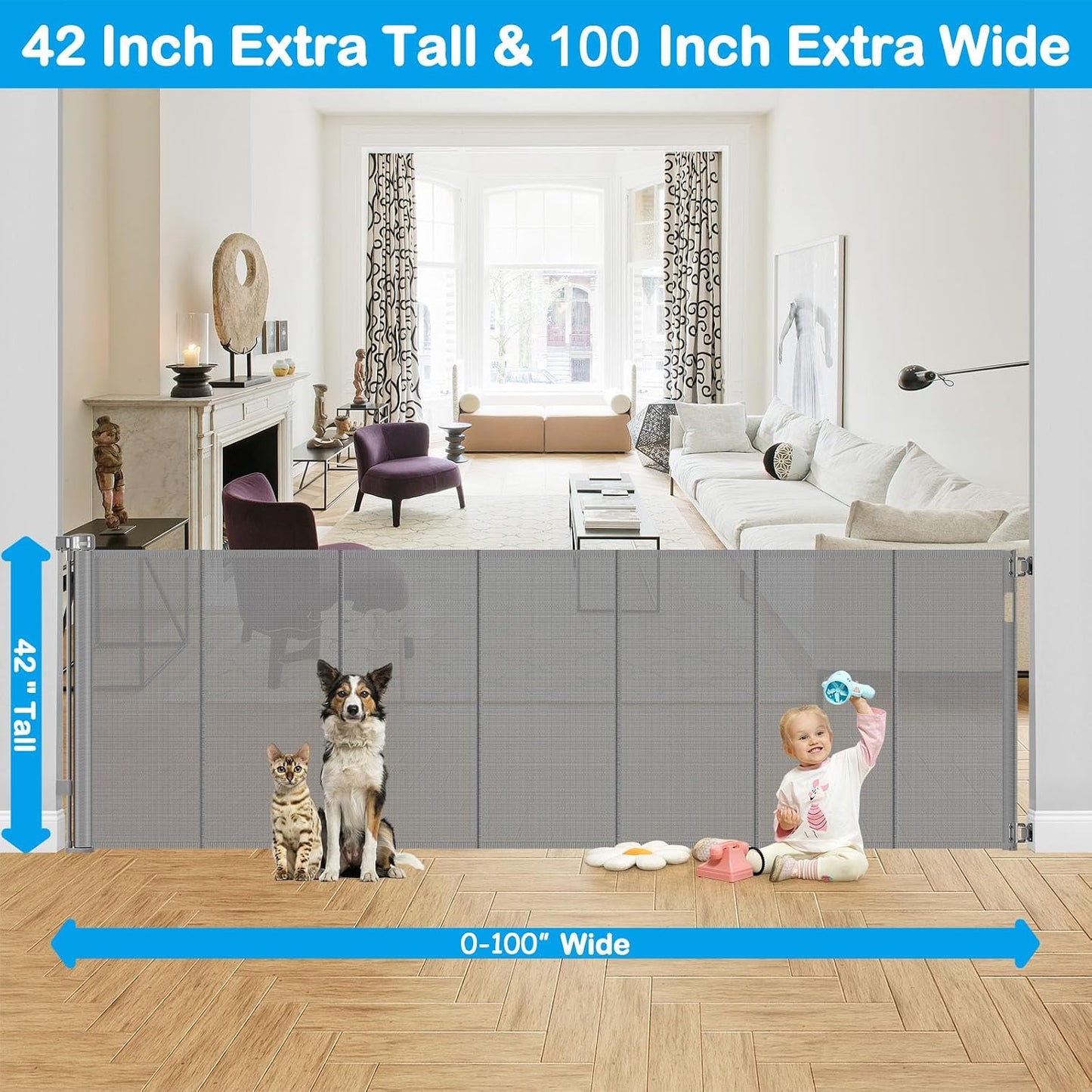 42 Inch Extra Tall Retractable Baby Gates with Reinforced Strips 55 Inch Wide Outdoor Retractable Dog Gate No Sag Extra Tall Baby Gate for Doorway Anti-Scratch Mesh Gates for Kids or Pets, White