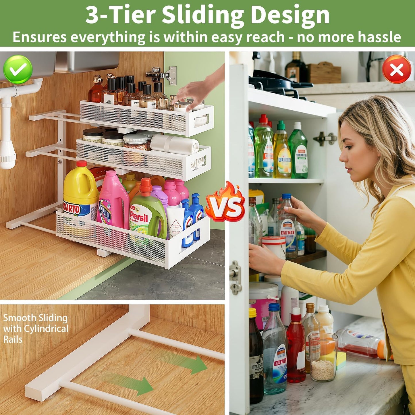 3-Tier Under Sink Organizer,2 Pack Height Adjustable Pull Out Cabinet Organizer Shelf, Thickened Metal Slide out Storage Drawer Rack for Bathroom Laundry Room Kitchen Pantry Organization (White)