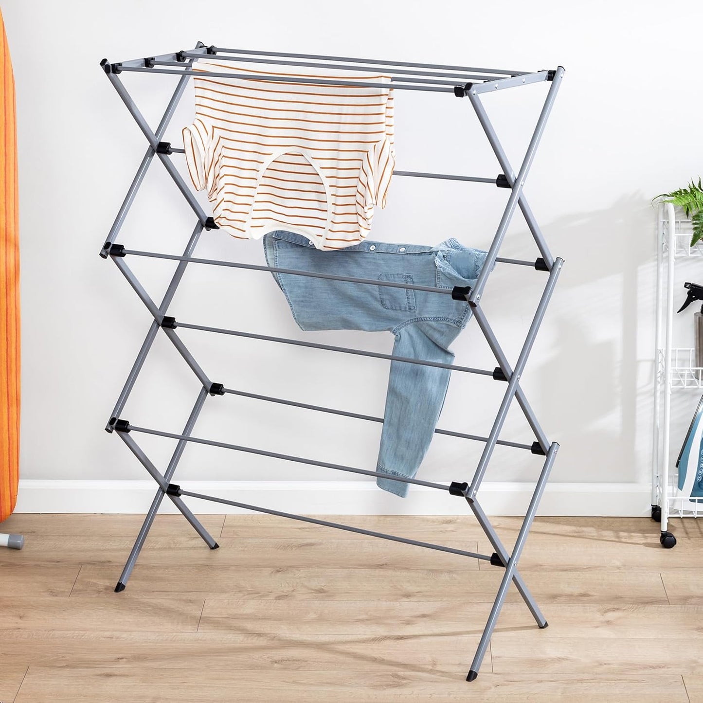 Honey-Can-Do Oversized Collapsible Clothes Drying Rack, 35", 50 lb, Grey | Oversized 35" x 45" steel rack holds 50 lb and folds flat for storage. Air-dry a full load indoors or outdoors.